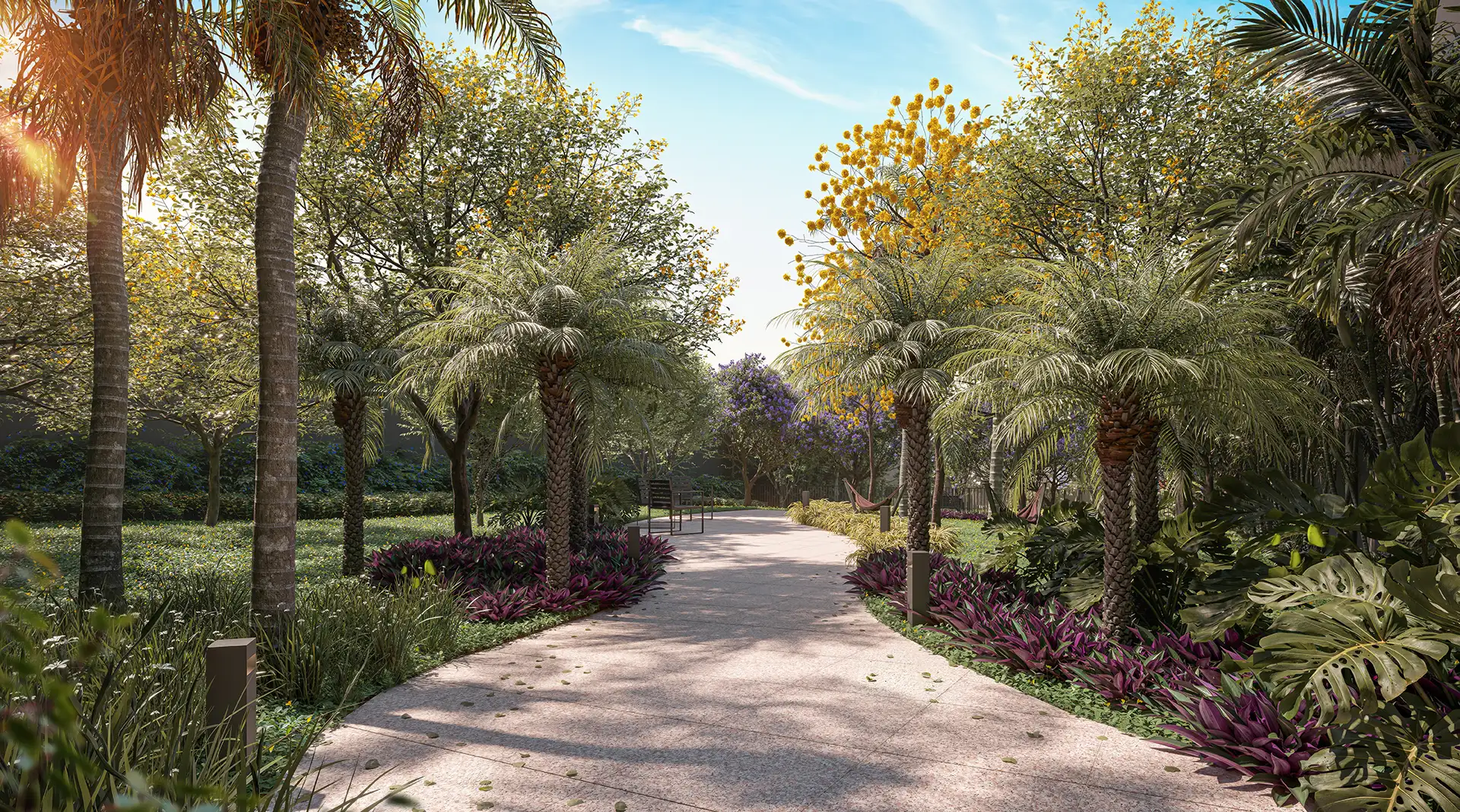 Perspectiva ilustrada do Bosque Ibiti, área verde privativa de 900m² com espécies nativas e paisagismo sensorial de Benedito Abbud no IBITI Alto da Boa Vista