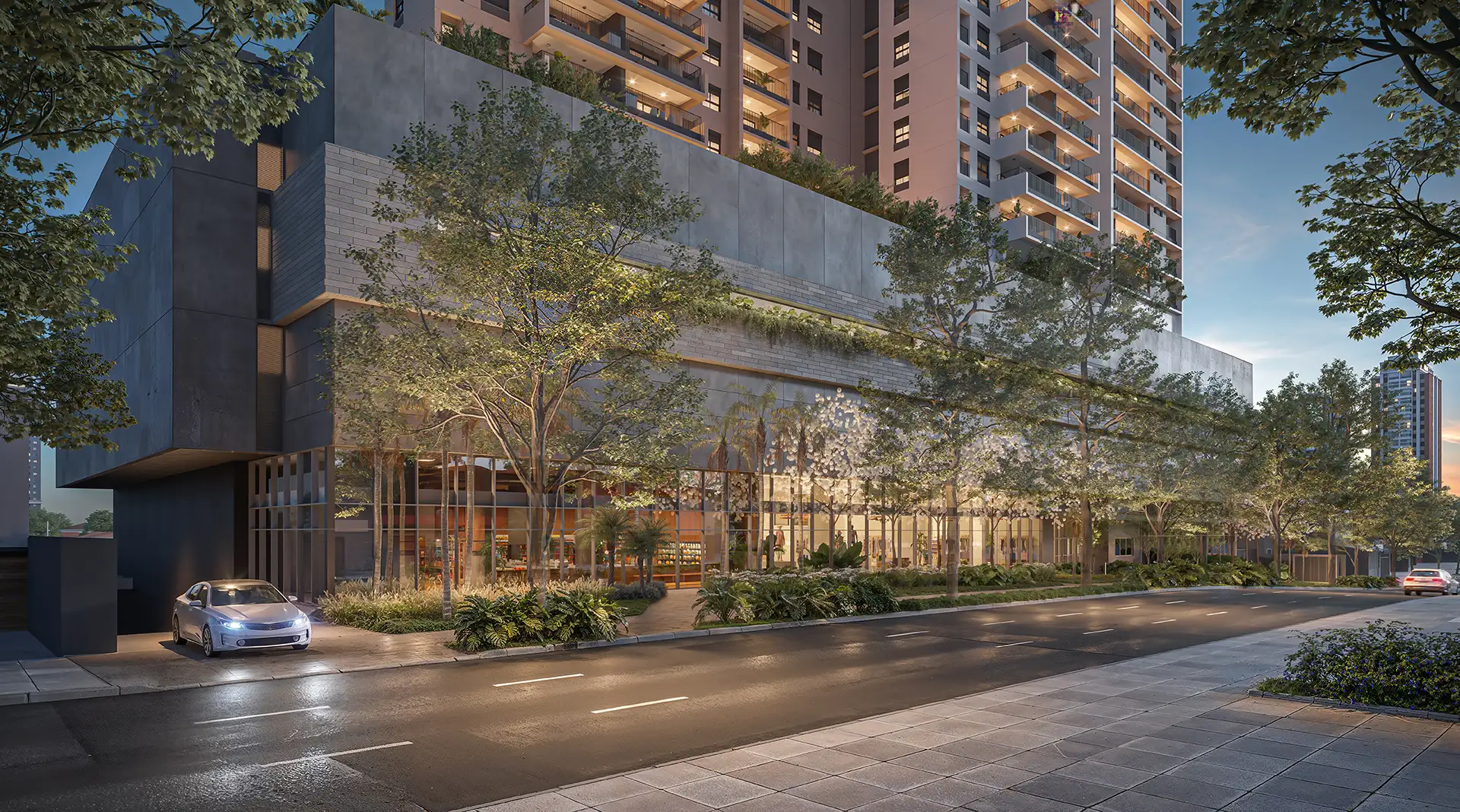 Perspectiva ilustrada do embasamento comercial do IBITI Alto da Boa Vista com fachada contemporânea e área verde no Alto da Boa Vista, São Paulo