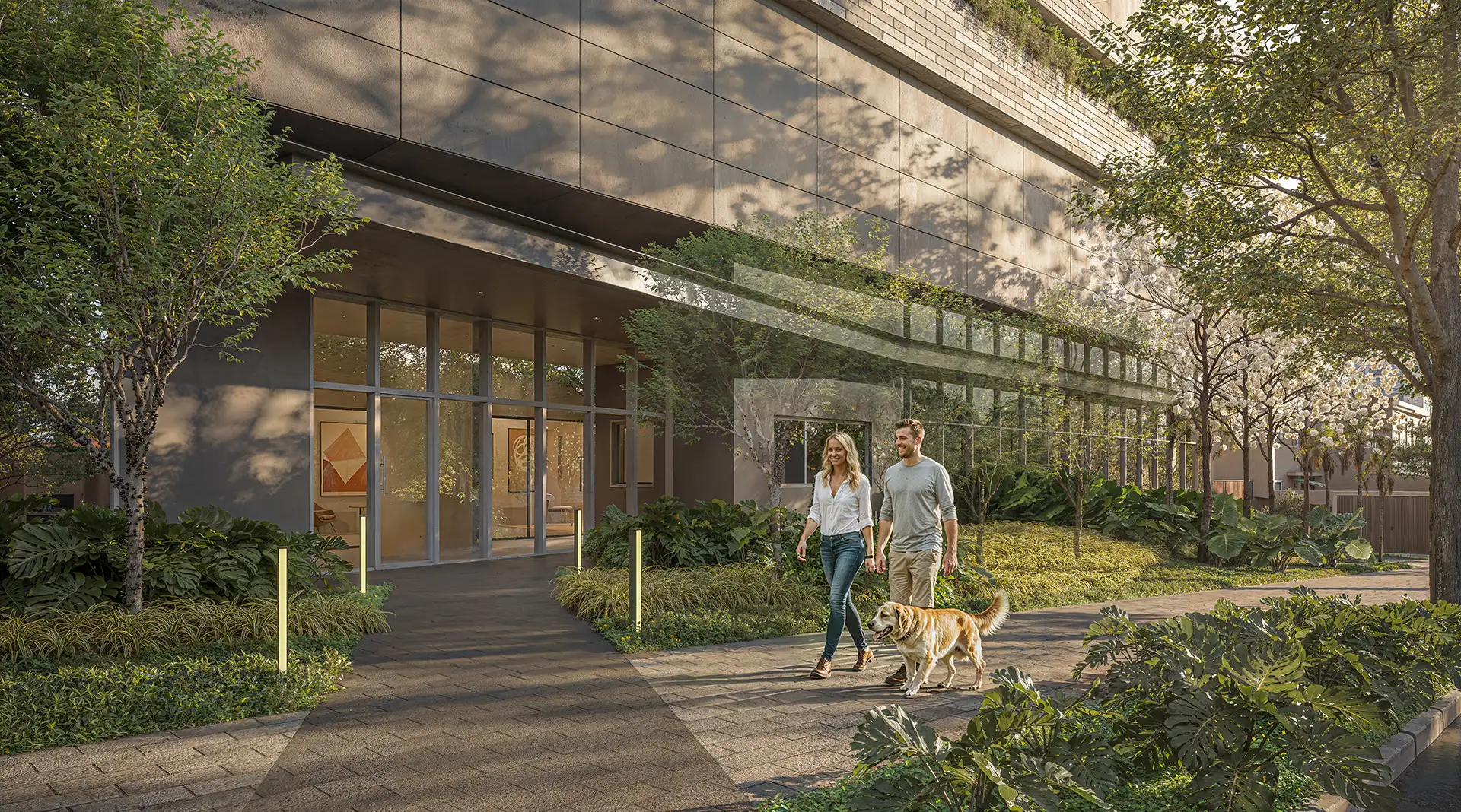 Perspectiva ilustrada do embasamento e acesso residencial do IBITI Alto da Boa Vista com jardins integrados e paisagismo de Benedito Abbud