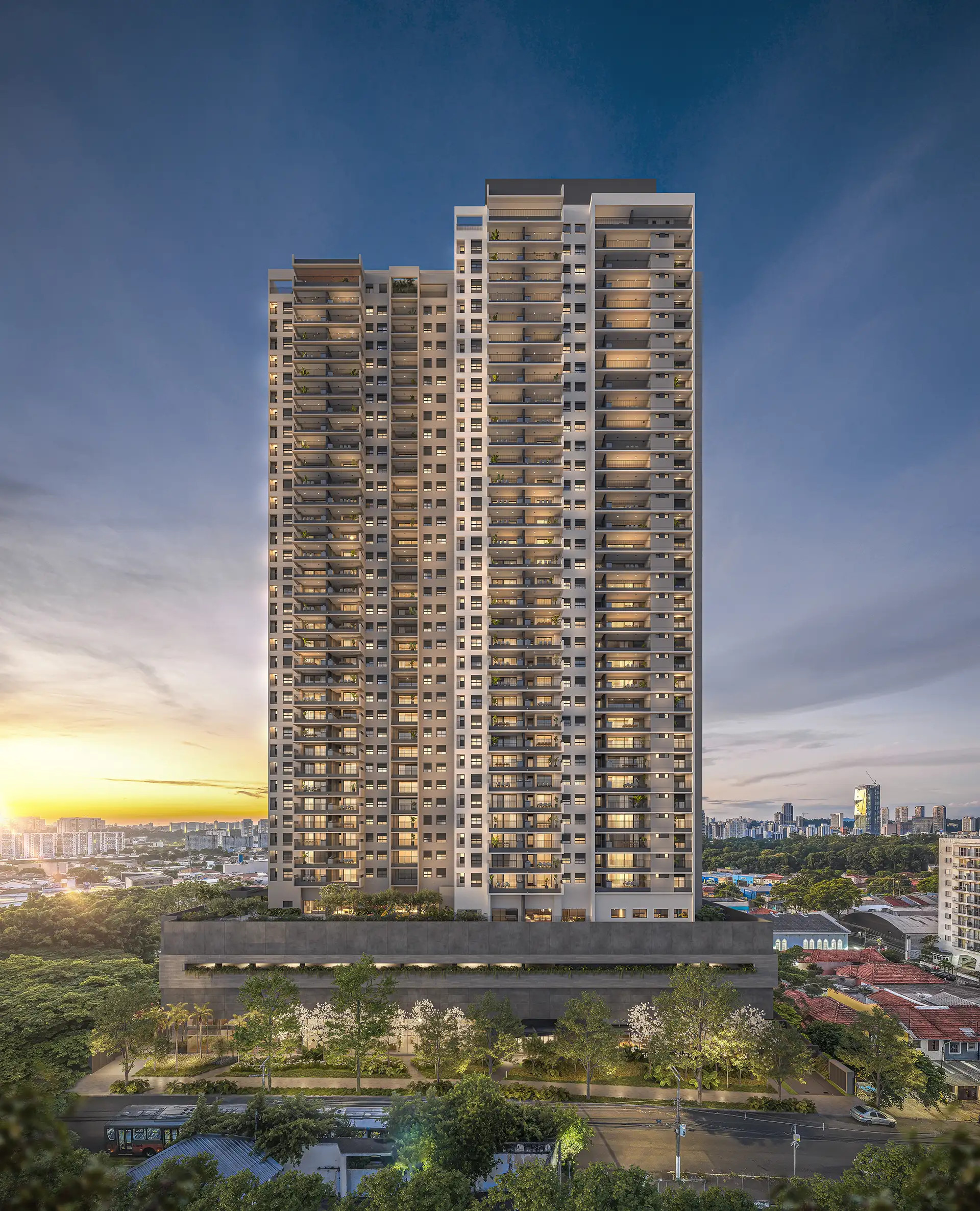 Perspectiva ilustrada da fachada frontal do IBITI Alto da Boa Vista com 127 metros de altura no Alto da Boa Vista, São Paulo