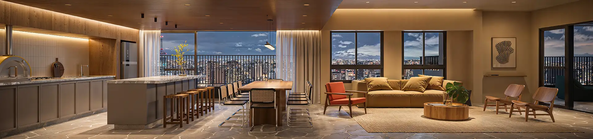 Perspectiva ilustrada do Gourmet Ibiti no rooftop com ambientes internos e externos integrados e vista panorâmica para a cidade no IBITI Alto da Boa Vista